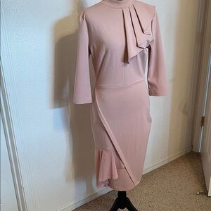 Miusol Dusty Pink Midi Dress with Draped Bow and Asymmetrical Flounce